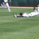 man diving to catch baseball and missing